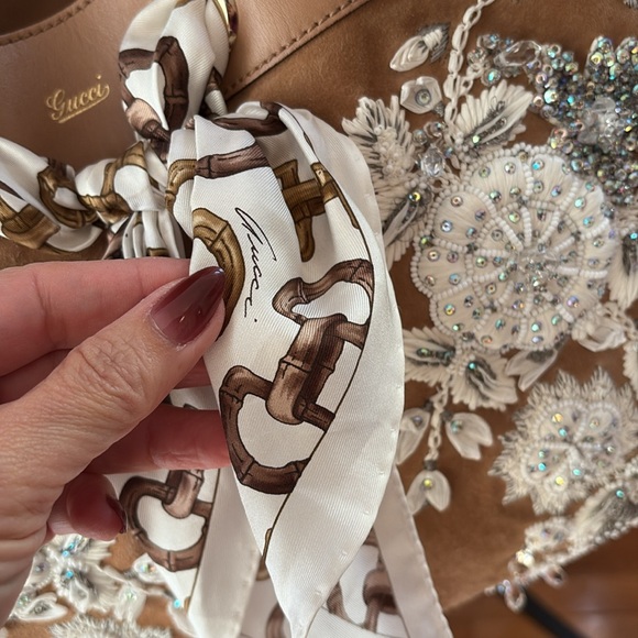 GUCCI POSITANO Leather Suede Tan Brown White Silver Gold Beaded Bag Rare Luxury - Picture 5 of 14